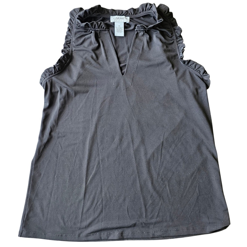 Carmen Marc Valvo Black Ruffle V-Neck Sleeveless Blouse Top XS
